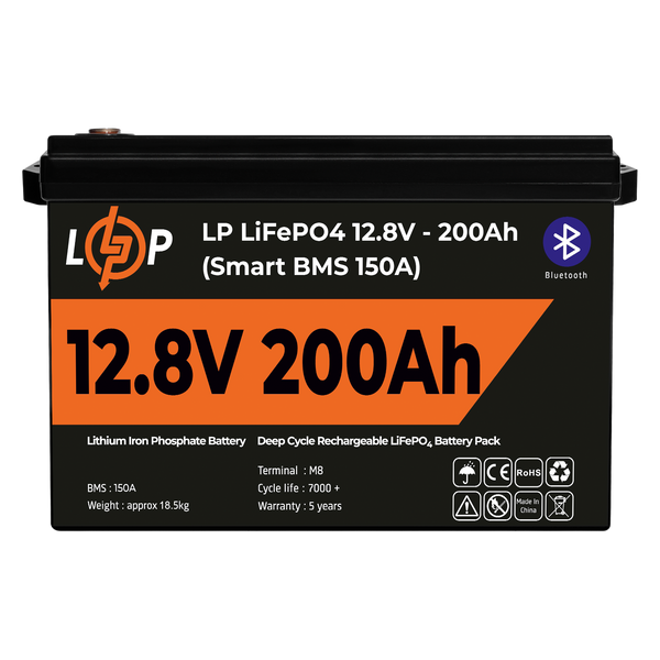Акумулятор LP LiFePO4 12V (12,8V) - 200 Ah (2560Wh) (Smart BMS 150А) з BT пластик (Безкоштовна доставка) LP20198 фото